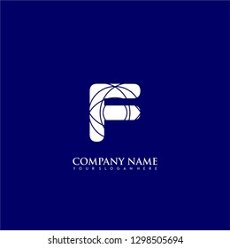 initial F logo letter with abstract circle lines pattern symbol design concept in blue background color