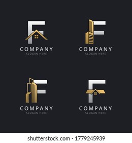 Initial F logo with real estate elements in gold and silver color