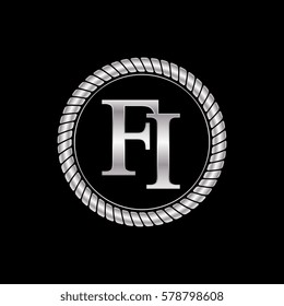 initial f and i logo silver metallic with metal circle rope frame border decorative