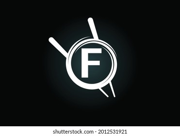 Alfabeto monograma F inicial en el círculo abstracto con palillos. Resumen emblema asiático del sushi bar. Logo para el negocio japonés del sushi y la identidad de la empresa