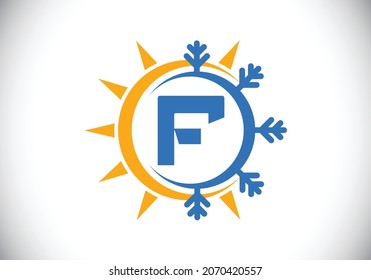 Initial F monogram alphabet with abstract sun and snow. Air conditioner logo sign symbol. Hot and cold symbol. Modern vector logo for conditioning business and company identity