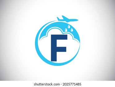 Initial F monogram alphabet with an airplane and cloud. Artificial rainmaking. Cloud seeding logo. Modern vector logo for the business, and company identity