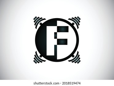 Alfabeto inicial de monograma F con una barbacoa. Diseño del logotipo del vector de elevación. Logo vectorial moderno para la construcción de cuerpos, gimnasia, gimnasio, club de fitness, negocios e identidad de empresa