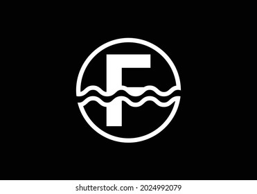 Alfabeto monograma F inicial en un círculo con ondas de agua. Diseño del logo de la ola de agua. Logo para el océano, negocios relacionados con el mar e identidad de la empresa