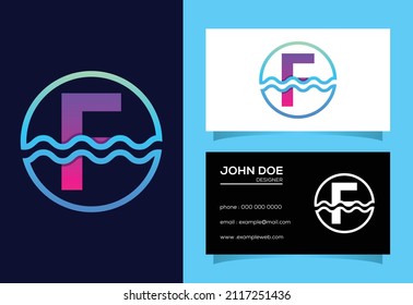 Initial F monogram alphabet in a circle with water waves. Water wave logo design