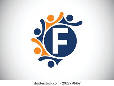 Initiales F-Monogramm-Alphabet mit Verbindungspersonal. Team, Logo-Symbol für Zusammenarbeit. Schriftemblem. Logo für Unternehmenszusammenarbeit und großartige Arbeit