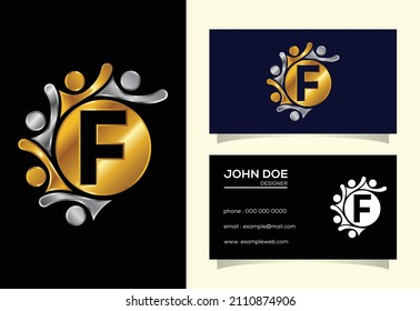 Initial F monogram alphabet with connecting people. Team, cooperation logo sign symbol.