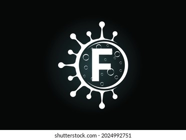 Alfabeto monocasco inicial F con células de Coronavirus. Diseñador de símbolos de logotipo de laboratorio vectores Ilustración. emblema de letra. Virus Corona (Covid-19). Detener Coronavirus