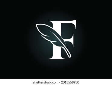 Initial F monogram alphabet with a feather. Font emblem. Law firm icon sign symbol. Modern vector Logo for a writer or publishers business and company identity