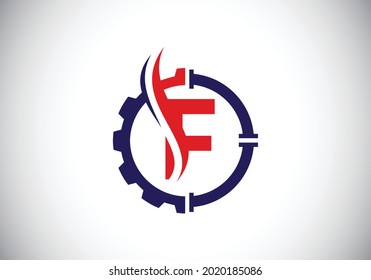 Initial F monogram alphabet with gear pipe and flame. Oil and gas logo concept. Font emblem. Modern vector logo for petroleum business and company identity