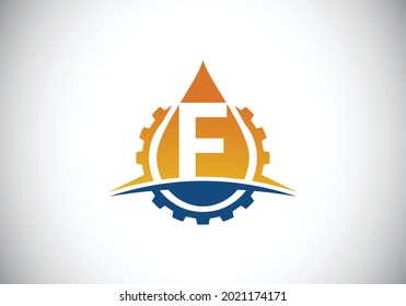 Alfabeto monograma F inicial con oscilación de engranajes y aceite. Concepto del logotipo del petróleo y el gas. emblema de letra. Logo vectorial moderno para negocios petroleros e identidad de la empresa