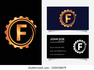 Alfabeto monograma F inicial en una espiral de engranajes. Diseño del logotipo del ingeniero de engranajes. Logotipo para el automóvil