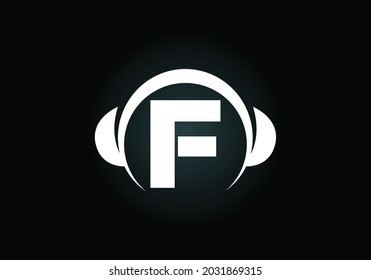 Initial F monogram alphabet with a headphone. Headphone Logo. Music sign symbol. Font emblem. Design element for poster, banner, t-shirt, notebook cover, sticker, greeting card, bag, badge.