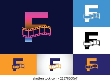 Alfabeto monocálmico inicial F incorporado con carrete de película. Concepto de logotipo de vídeo y película. emblema de letra. Logo para el negocio del entretenimiento y la identidad de la empresa