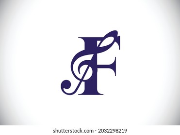 Initial F monogram alphabet with a musical note. Symphony or melody signs. Musical sign symbol. Font emblem. Modern vector logo design template.