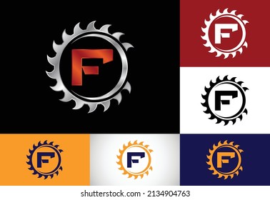 Initial F monogram alphabet with the saw blade. Carpentry, woodworking logo design. Font emblem. Modern vector logo for sawmill business and company identity