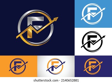 Diseño inicial del símbolo del alfabeto del monograma F incorporado con la flecha. Concepto de logotipo financiero o de éxito. Logotipo de la identidad comercial y de empresa de contabilidad