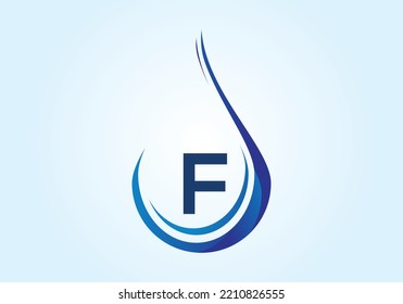 Alfabeto monocasco inicial F con gota de agua en una espiral. Plantilla vectorial de diseño de logotipo de cascada. emblema de letra. 