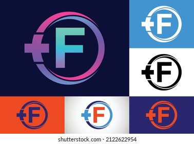 Initial F monogram in a circle with cross plus. Medical logo. Logo for pharmacy, clinic business.