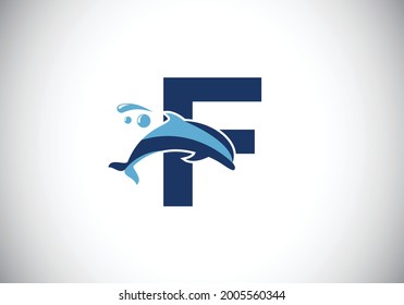 Initial F monogram letter alphabet with a Dolphin logo design. Water Animal icon. Font emblem. Modern vector logotype for business and company identity.