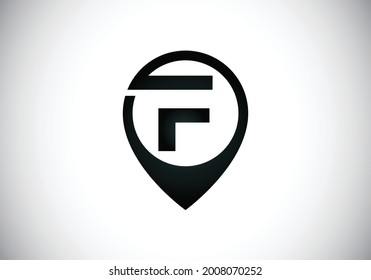 Alfabeto inicial de letra en monograma F con signo de pin de icono de ubicación. emblema de letra. Mapa de navegación, GPS, dirección, lugar, brújula, contacto, concepto de búsqueda. Diseño moderno de logotipo vectorial para empresas y empresas