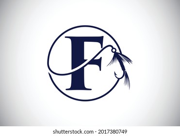 Initial F monogram letter alphabet with fishing Hook. Fishing logo concept vector illustration. Modern logo design for fishing shop, business, and company identity.