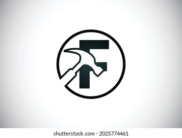 Alfabeto monocálmico inicial F con martillo. Logotipo de reparación, renovación y construcción. Logo vectorial moderno para el negocio de la construcción e identidad de la empresa