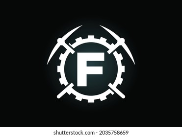 Initial F monogram letter alphabet with pickaxe and gear sign. Mining logo design concept. Modern vector logo for mining business and company identity.