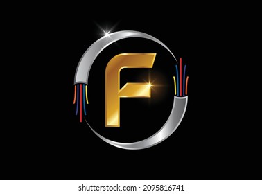 Alfabeto inicial F monograma con cable eléctrico, cable de fibra óptica. emblema de letra.