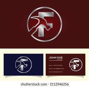 Initial F monogram letter alphabet with a Hammer. Repair, renovation, and construction logo.