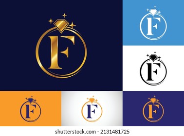 Alfabeto monocálmico inicial F en un círculo con Diamante. Logo del Anillo de Diamantes. Concepto de diseño de logotipo de joyería. Logo vectorial moderno para identidad empresarial y de empresa.