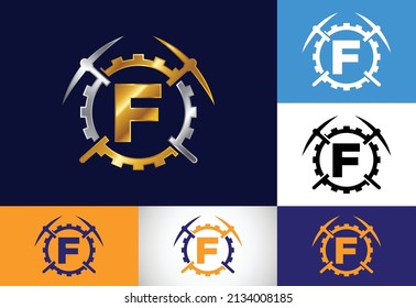 Initial F monogram letter alphabet with pickaxe and gear sign. Mining logo design concept. Modern vector logo for mining business and company identity