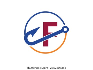 Anfangsbuchstabe F Monogramm mit Angelhaken. Logo-Konzept der Fischerei, Vektorgrafik