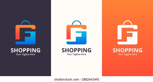 Plantilla inicial de diseños de logotipo de F Shop. Ilustración vectorial gráfico del concepto de diseño del logotipo combinado de letras y bolsas de compra. Perfecto para Ecommerce, venta, descuento o elemento web de tienda. Emblema de la empresa