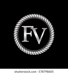 initial f and v logo silver metallic with metal circle rope frame border decorative