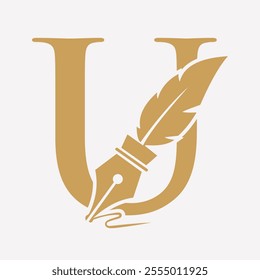 Initial  Feather Logo On Letter U Concept With Ink Symbol For Law Firm And Attorney Sign