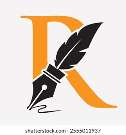 Initial  Feather Logo On Letter R Concept With Ink Symbol For Law Firm And Attorney Sign