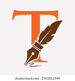 Initial  Feather Logo On Letter T Concept With Ink Symbol For Law Firm And Attorney Sign