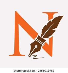 Initial  Feather Logo On Letter N Concept With Ink Symbol For Law Firm And Attorney Sign