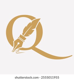 Initial  Feather Logo On Letter Q Concept With Ink Symbol For Law Firm And Attorney Sign