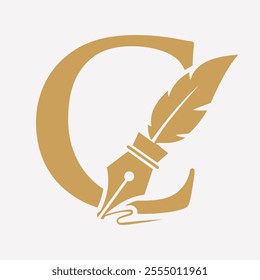 Initial  Feather Logo On Letter C Concept With Ink Symbol For Law Firm And Attorney Sign