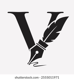 Initial  Feather Logo On Letter V Concept With Ink Symbol For Law Firm And Attorney Sign