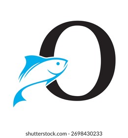 Logotipo inicial de pescado combinado con la letra O Plantilla de Vector