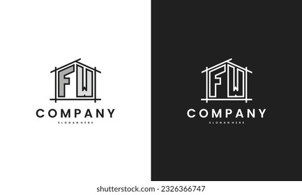 Initial FW home logo with creative house element in line art style vector design template