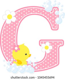 initial g with bubbles and cute rubber duck isolated on white. can be used for baby girl birth announcements, nursery decoration, party theme or birthday invitation. Design for baby girl