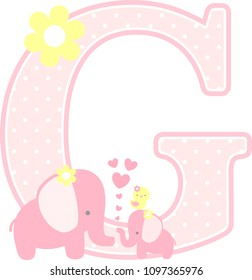 initial g with cute elephant and little baby elephant isolated on white. can be used for mother's day card, baby girl birth announcements, nursery decoration, party theme or birthday invitation