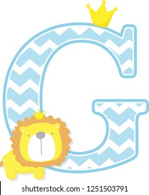 initial g with cute little lion king with golden crown isolated on white background. can be used for father's day card, baby boy birth announcements, nursery decoration, party theme or invitation