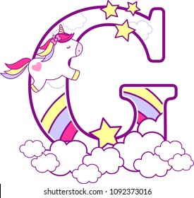 initial g with cute unicorn and rainbow. can be used for baby birth announcements, nursery decoration, party theme or birthday invitation. Design for baby and children