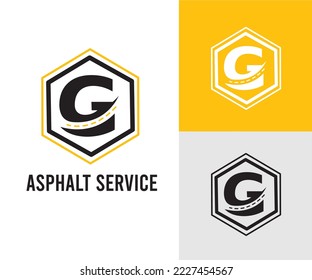 Letra G inicial con asfalto y símbolo de pavimentación para el logotipo de asfalto y la plantilla de diseño de negocio de transporte