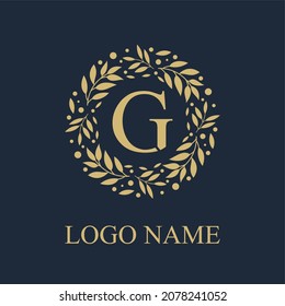 Initial G Letter in Circle Leaves Wreath Frame for Cosmetic, Make up, Fashion, Hotel, Resto, Resort, Real Estate, Apartment Business Logo Vector Template